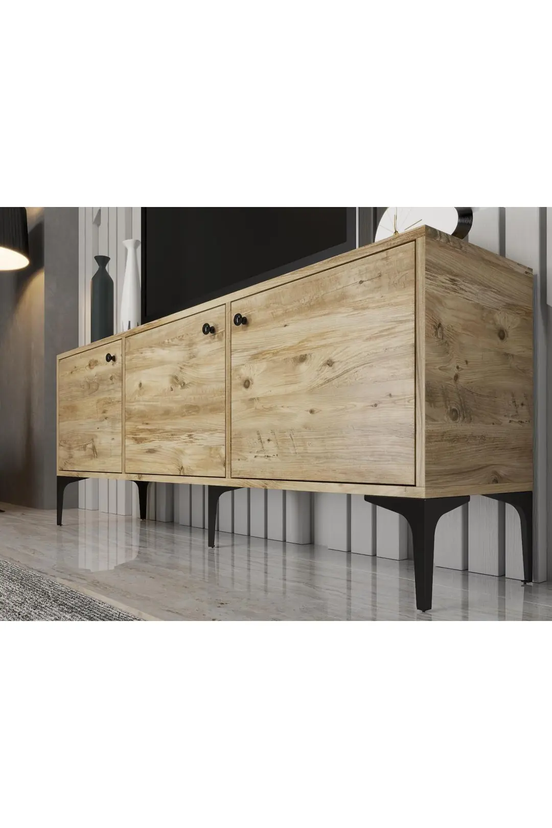 Bello 160 Cm Metal Ayaklı Tv Ünitesi - Konsol - Atlantik Çam / Siyah